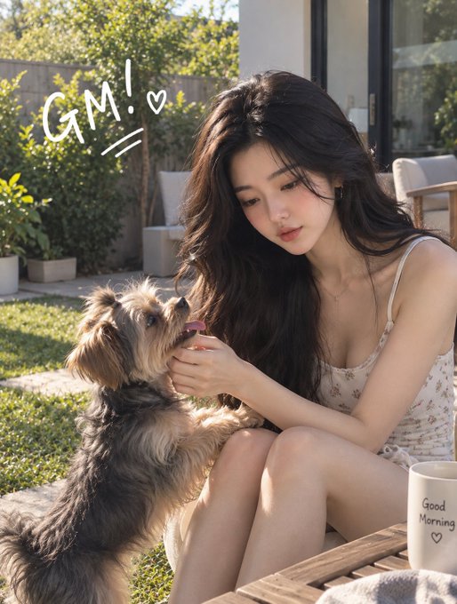 A young woman with long dark hair sits outdoors in a floral sundress, gently holding a small Yorkshire Terrier's face, with 'GM!' written on the image and a 'Good Morning' mug visible.
