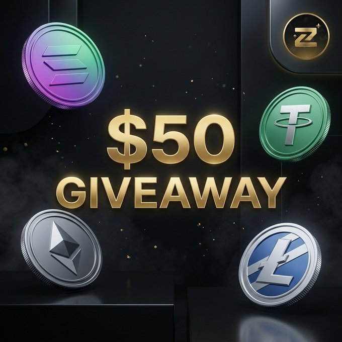 The image features a collection of five different coins, including Etherium, Bitcoin, Ripple, Litecoin, and Zcash, all displayed against a black background with gold text that reads "50 Giveaway". The coins are arranged in a row, each one slightly overlapping the other, creating an interesting visual effect. The coins vary in size and color, adding to the overall aesthetic of the image.