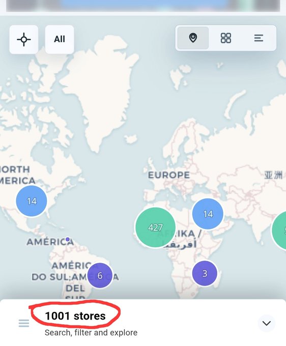 A world map displays 1,001 store locations, with a large green cluster of 427 points concentrated in Africa and smaller clusters of 14 in North America, 14 in Europe, 14 in Asia, 6 in South America, and 3 in southern Africa, shown as part of the "LinkersMap" platform preparing to serve the Linkers community.