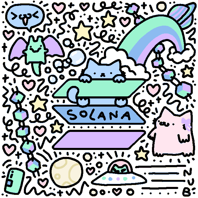 A colorful doodle-style illustration featuring cute kawaii characters (a winged creature, a cat-like figure, and a pink ghost) gathered around a Solana blockchain sign, surrounded by pastel stars, hearts, a rainbow, a UFO, and the Solana logo. The whimsical, dreamy aesthetic visually captures the celebratory, playful excitement around Solana's recent milestones, including its ESPN feature and the growth of real-world assets, SoFi's stablecoin, and tokenized stocks on its network.