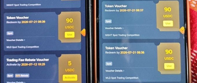 A mobile app screen shows multiple token vouchers and trading fee rebate vouchers, including 90 USDC redeemable for the WLD Spot Trading Competition and NIGHT Spot Trading Competition, plus a 5 USDC 50% rebate voucher.