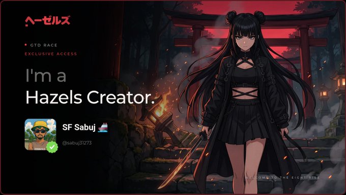 A Hazels creator profile banner for 'SF Sabuj' (@sabuj31273) featuring an anime-style character in black attire with a sword, set against a Japanese shrine background.