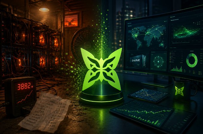 A sci-fi themed promotional image featuring a glowing green butterfly/fox-shaped AI logo on a pedestal, surrounded by cryptocurrency mining rigs with orange lights, multiple data dashboards, a digital mug, and a receipt displaying '3882 W'.