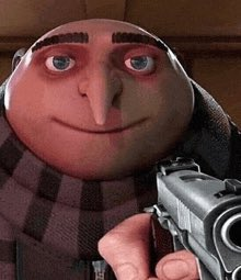 A close-up of the animated character Gru from Despicable Me with a mischievous grin, holding a silver handgun pointed forward.