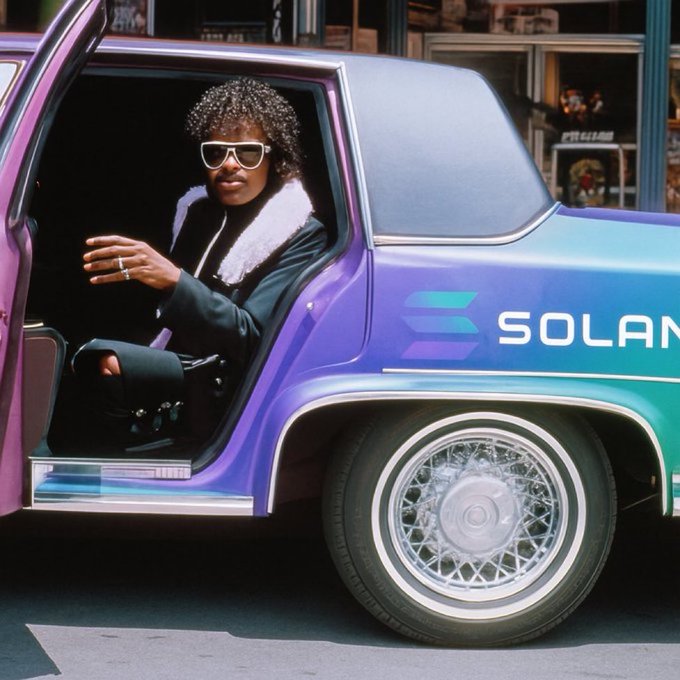 A stylish man with a mustache and sunglasses sitting in a lowrider car with its door open, featuring purple and teal coloring and 'SOLANA' branding on the side.