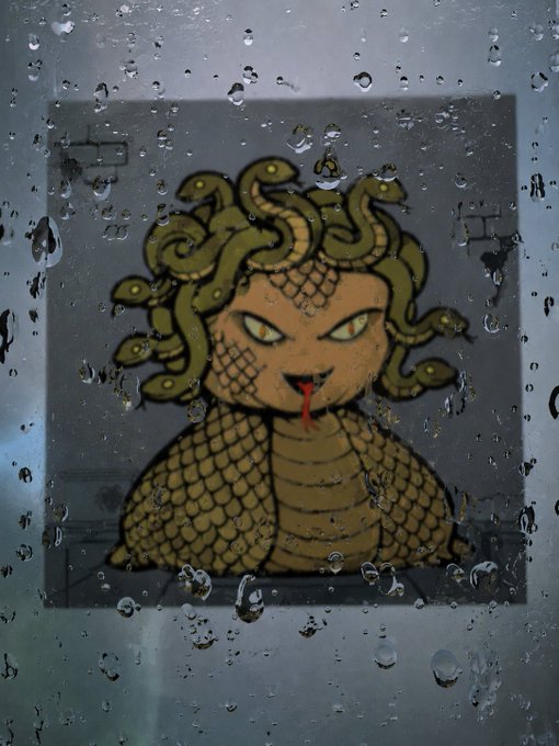 An illustration of Medusa with snake hair and blood dripping from her mouth, viewed through a rain-covered or condensation-covered glass surface.