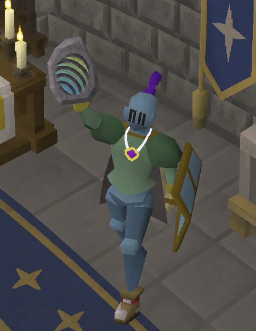 Screenshot from the video game Old School RuneScape showing a player character in green tunic and blue armor wielding a shield and an orb-like weapon inside a castle.