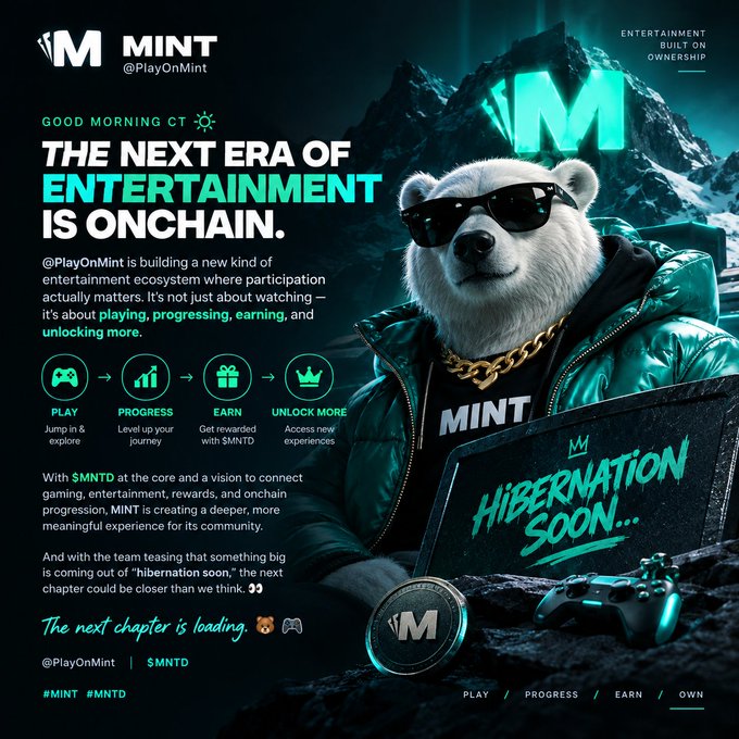 A promotional graphic for 'MINT @PlayOnMint' featuring a polar bear in sunglasses and a teal puffer jacket, advertising 'THE NEXT ERA OF ENTERTAINMENT IS ONCHAIN' with stages 'PLAY, PROGRESS, EARN, UNLOCK MORE' and 'HIBERNATION SOON...'