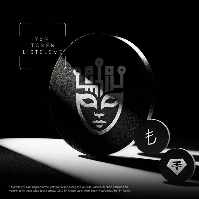 The image displays a sleek black promotional graphic for OKX TR featuring a stylized mask emblem with circuit-like crown details, alongside the ticker "VVV" on coin tokens, with the text "YENİ TOKEN LİSTELEME" (New Token Listing) announcing the $VVV token's new listing on OKX TR.