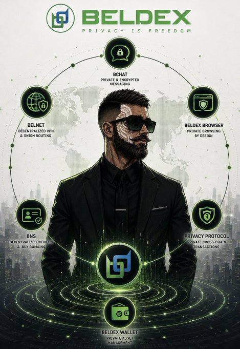 Promotional graphic for 'BELDEX - PRIVACY IS FREEDOM' featuring a stylized bearded man in a suit and sunglasses, surrounded by circular icons highlighting features like BChat, BelNet, BelDex Browser, BNS, Privacy Protocol, and BelDex Wallet.