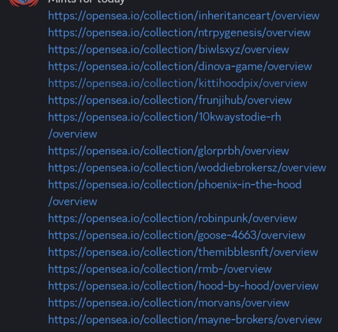 A screenshot showing a list of OpenSea NFT collection URLs, including inheritanceart, ntrpygenesis, biwlsxyz, and dinova-game.