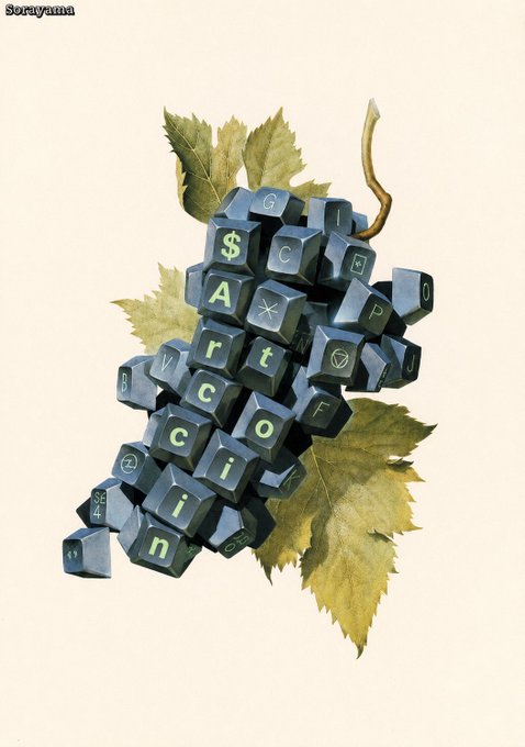 An artistic illustration of a bunch of grapes made from black computer keyboard keys displaying letters and characters, surrounded by green leaves.