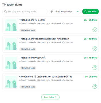 A Vietnamese job recruitment webpage titled 'Tin tuyển dụng' listing four positions at 'CÔNG TY CỔ PHẦN SÀN GIAO DỊCH TÀI SẢN MÃ HÓA SACOM' with salaries ranging from 15 to 45 million VND.