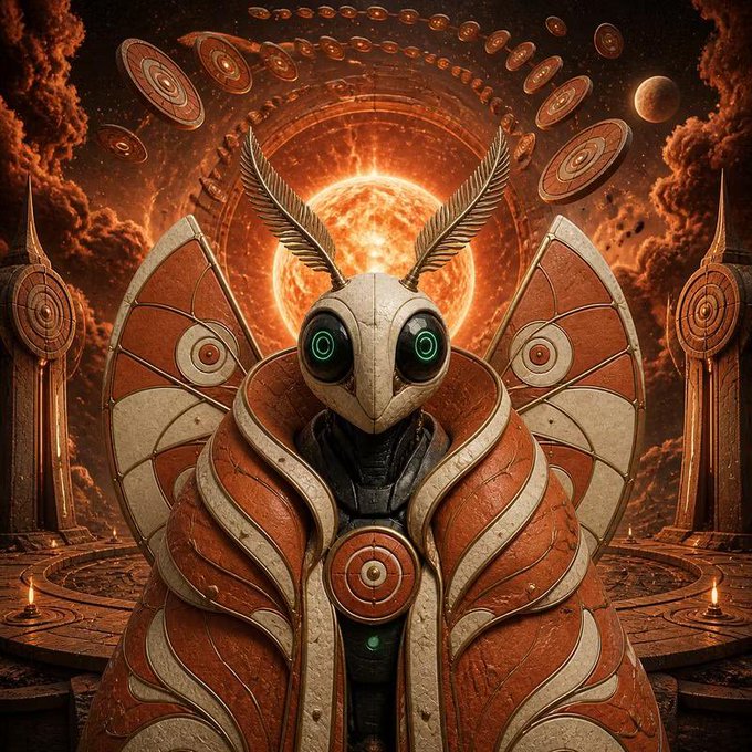 A regal mantis-like figure adorned in flowing red and white robes with large glowing green eyes is centered against a fiery sun and cosmic background, flanked by mystical pillars. The ethereal, ceremonial aesthetic reflects the post's bullish sentiment toward the Solana NFT mint, visually evoking the mythic, high-value "mantid" character referenced in the caption.