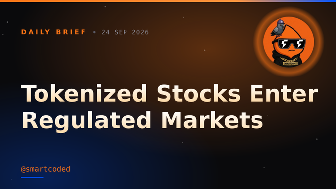 A 'DAILY BRIEF' dated '24 SEP 2026' from @smartcoded, headlined 'Tokenized Stocks Enter Regulated Markets' with a cartoon rocket character wearing sunglasses.
