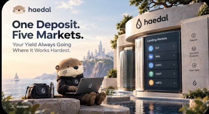 Advertisement for haedal DeFi platform featuring 'One Deposit. Five Markets. Your Yield Always Going Where It Works Hardest' with a sea otter character using a laptop, showing lending markets for SUI, WAL, USDC, USDT, and wBTC.