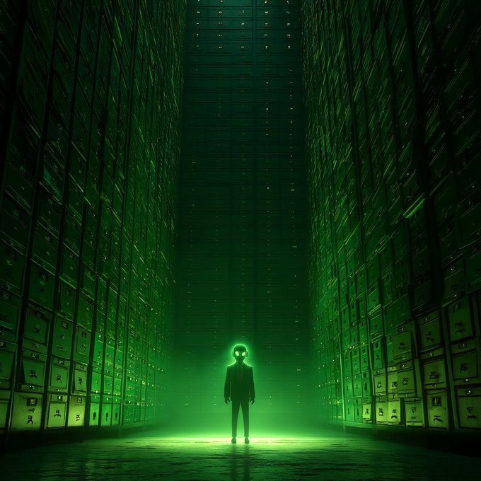 A lone figure with a glowing green circular face stands in a vast, dark server room illuminated by eerie green light, evoking the vast and mysterious nature of AI-powered crypto markets. The towering rows of servers symbolize the massive infrastructure behind AI technologies like Virtuals.io and $WIRE, which are navigating turbulent market conditions amid declining crypto AI market caps and economic uncertainty.