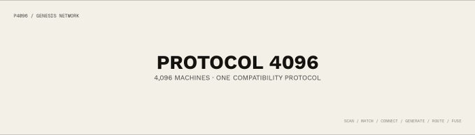 A minimalist banner with a cream background displays "PROTOCOL 4096" in bold black text, along with the tagline "4,096 MACHINES · ONE COMPATIBILITY PROTOCOL" and navigation links like SCAN, RATCH, CONNECT, GENERATE, ROUTE, and FUSE. The image serves as branding for the $P4096 token project, emphasizing a cautious pre-launch stance against snipers as mentioned in the post.