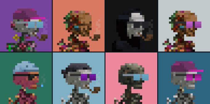 Eight pixel art sprites of a zombie-like skeleton character smoking a pipe and wearing various accessories like sunglasses and caps, displayed in a grid with different colored backgrounds.