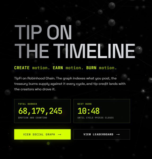 A promotional graphic for TipFi on Robinhood Chain titled "TIP ON THE TIMELINE," highlighting a total burned count of 68,179,245 $MOTION and a next burn countdown of 10:48, tying into the post's announcement of free $MOTION rewards for eligible X users to earn $11–$50 by participating on motion.tips.