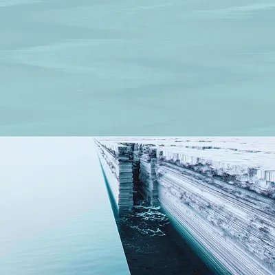 A minimalist teal-toned landscape showing a body of water meeting a pale sky, with a textured embankment or dock structure extending into the water on the right side.
