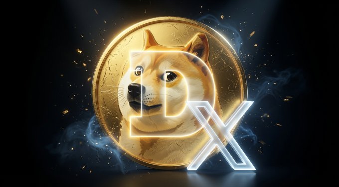A digital graphic of a Dogecoin (DOGE) crypto coin featuring the face of a Shiba Inu dog, surrounded by glowing neon outlines and a stylized 'D' and 'X' logo against a dark background.
