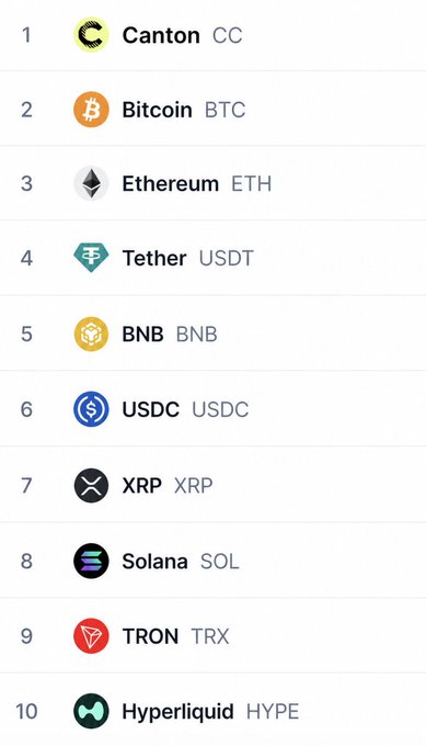 A cryptocurrency ranking list showing Canton (CC) in 1st place, followed by Bitcoin (BTC), Ethereum (ETH), Tether (USDT), BNB, USDC, XRP, Solana (SOL), TRON (TRX), and Hyperliquid (HYPE) in the 10th position.