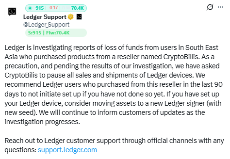 A tweet from @Ledger_Support dated 5:15 warns Ledger users about loss of funds from a reseller named CryptoBillis, advising caution, pausing sales, and recommending a device reset with a new seed.