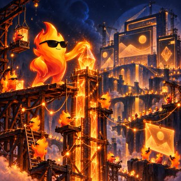 A vibrant digital illustration of a cool orange flame character with sunglasses posing at a glowing orange construction site or industrial rig at night, surrounded by glowing lanterns and smaller flame creatures.