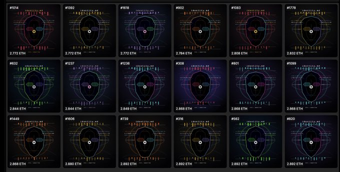 The image displays a grid of 18 NFT listings from the "PROJECT: PIXEL_92" collection, each with unique token IDs and prices ranging from 2.772 ETH to 2.892 ETH, confirming the post's claim about the floor price for buying an IMD NFT on TokenStrategy.