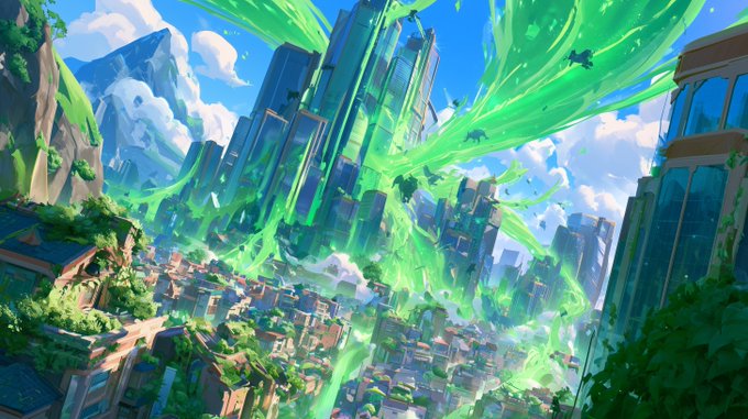 A fantastical, anime-style cityscape with towering skyscrapers is swarmed by sweeping green energy tendrils and small flying creatures. The eerie green glow enveloping the buildings plays on the "gas it" caption, evoking the imagery of a toxic gas attack overtaking an urban environment.