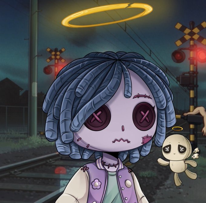 A cartoonish illustration features a pale purple character with blue dreadlocks, X-shaped eyes, a stitched mouth, and a yellow halo, holding a small white creature with sad eyes, set against a dark background with railroad crossings and red traffic lights.