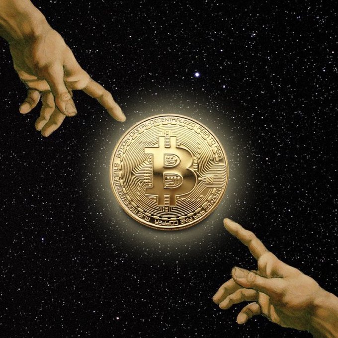 A parody of Michelangelo's "Creation of Adam" where two hands reach toward a glowing golden Bitcoin against a starry space background.