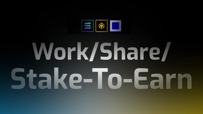 A dark gradient background featuring three small colorful icons and the large text 'Work/Share/ Stake-To-Earn'.