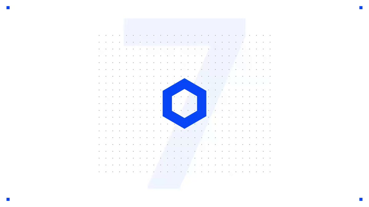 The image shows a white background with a blue hexagon, which appears to be a logo or symbol related to the year "7" of Chainlink. The text above the hexagon reads "My prediction for year 7 of Chainlink: Two words: IN PRODUCTION This is the year of production. The year Chainlink stops being understood as a future thesis and starts being recognized as live infrastructure for global markets."