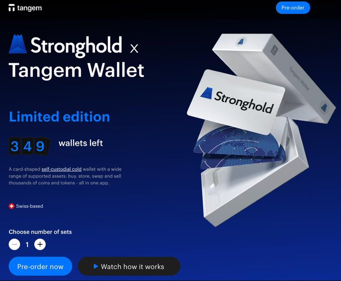 The image showcases a pre-order landing page for a limited-edition Stronghold x Tangem Wallet collaboration, with "349 wallets left" displayed in the countdown ticker, highlighting a Swiss-based self-custodial cold wallet available for pre-order. The design features the Stronghold and Tangem logos alongside sleek product packaging, tying directly to the post's announcement of 350 exclusive co-branded wallets.