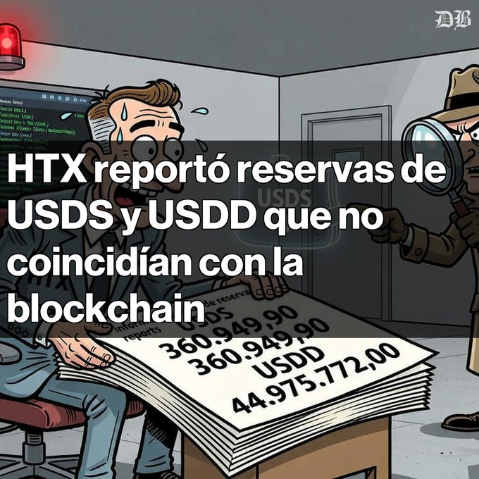 A cartoon graphic with Spanish text reading 'HTX reportó reservas de USDS y USDD que no coincidían con la blockchain,' showing USDS and USDD reserves of 360,949.90 and 44,975,772.00 respectively.
