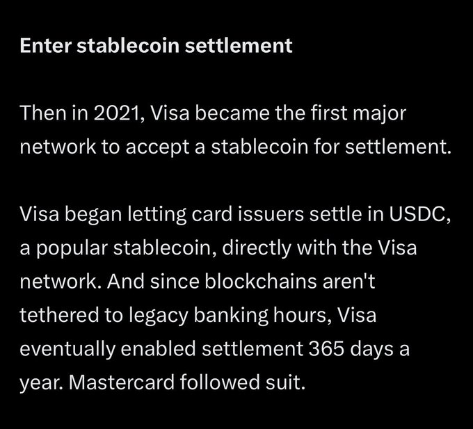 Text on a dark background titled 'Enter stablecoin settlement' explaining how Visa began accepting USDC for settlement in 2021, followed by Mastercard.
