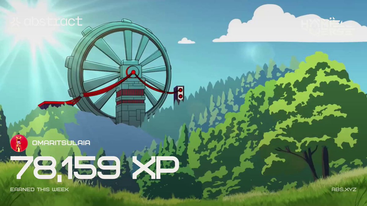The image features a cartoon-style scene of a windmill, surrounded by trees and grassy hills. The sun is shining brightly above the landscape, creating a warm and inviting atmosphere. In the bottom right corner of the image, there's a text that reads "My XP landed! As always celebrate with @AbstractChain". This message seems to be related to the post about the windmill on the poster or banner.