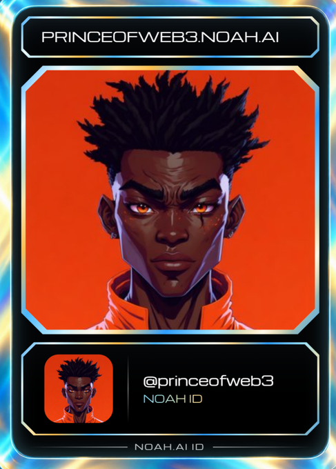 A digital ID card displayed for "PRINCEOFWEB3.NOAH.AI" featuring an anime-style illustrated portrait of a young man with spiky black hair and glowing orange eyes against a bright orange background. The card is branded with the "@princeofweb3" handle and "NOAH ID" designation, serving as a visual representation of the user's claimed Noah identity.
