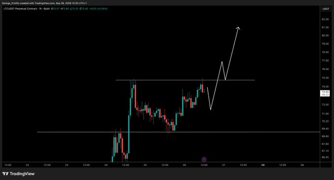 The image shows a TradingView 1-hour chart of the LTC Perpetual Contract on Bybit ($LTCUSD), created by @Swaga_Profits, with the post noting a "GIGA PUMP" projection. The chart displays a range-bound price action between $69-74, with a white hand-drawn line illustrating a sharp upward breakout toward $81, visually emphasizing the anticipated massive rally after consolidation.