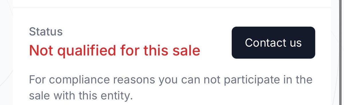 A user interface displays a status message reading "Not qualified for this sale" with the explanation "For compliance reasons you can not participate in the sale with this entity," alongside a "Contact us" button, indicating the user is ineligible to participate in the Ethos Network ($WHUF) public token sale.