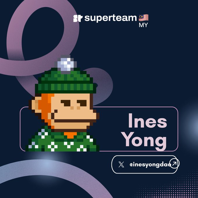 Profile card featuring a pixel-art character wearing a green beanie, labeled 'Ines Yong' with the handle '@inesyongdao' and a 'superteam MY' logo at the top.