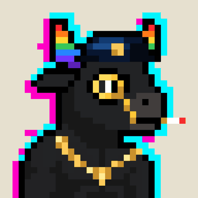 A pixel art portrait of a black dog-like character smoking a cigarette, wearing a military cap with a rainbow emblem and a gold chain, with cyan and magenta offset outlines.