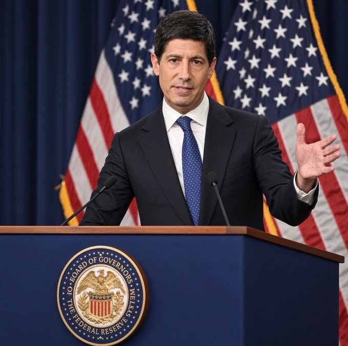 A man in a dark suit and blue tie speaks at a podium bearing the Federal Reserve seal, gesturing with his hand, with American flags in the background.