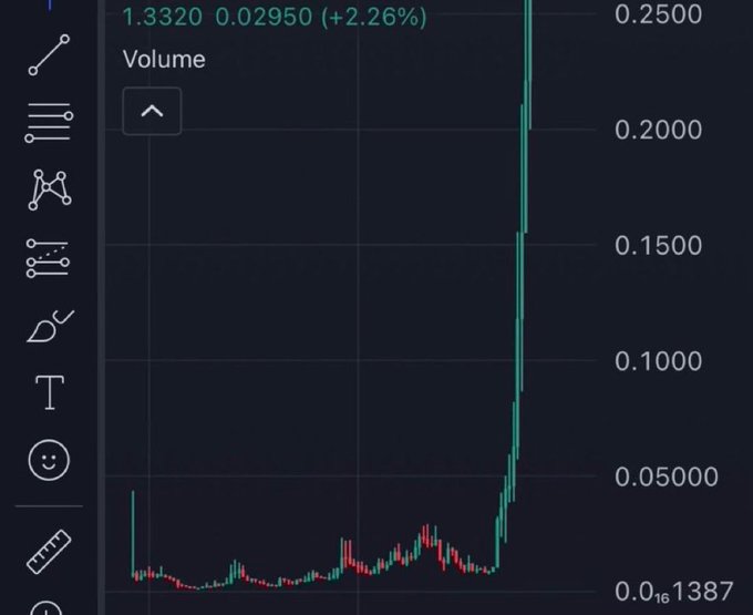 A trading chart displays a stock/memecoin showing a sudden massive spike in volume to 0.2500 alongside a price of 1.3320 (+2.26%), visually illustrating the explosive "1000x" gains being sought in the post.