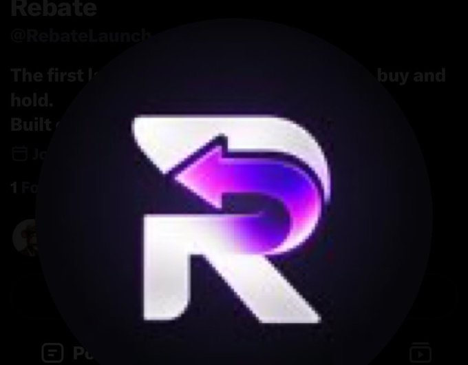 A logo for 'Rebate' (@RebateLaunch) featuring a stylized white 'R' with a purple arrow on a dark background.
