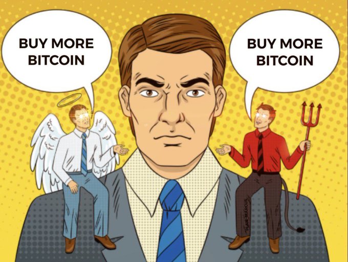 A pop-art illustration depicts a serious businessman in a suit and tie, flanked by an angel on his left shoulder and a devil on his right, both whispering "BUY MORE BITCOIN" to him. The yellow dotted background and comic-book style emphasize the internal conflict between good and bad advice urging him to purchase cryptocurrency.