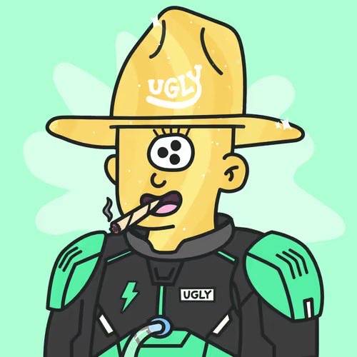 A cartoon character wearing a yellow hat labeled 'UGLY', a green and black futuristic suit with a lightning bolt, smoking a cigar, set against a light green background.