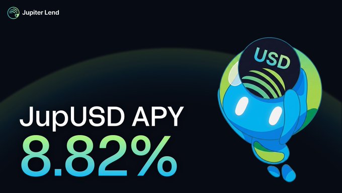 A promotional graphic for Jupiter Lend showing 'JupUSD APY 8.82%' with a cartoon blue and green planet-like mascot wearing a USD hat.